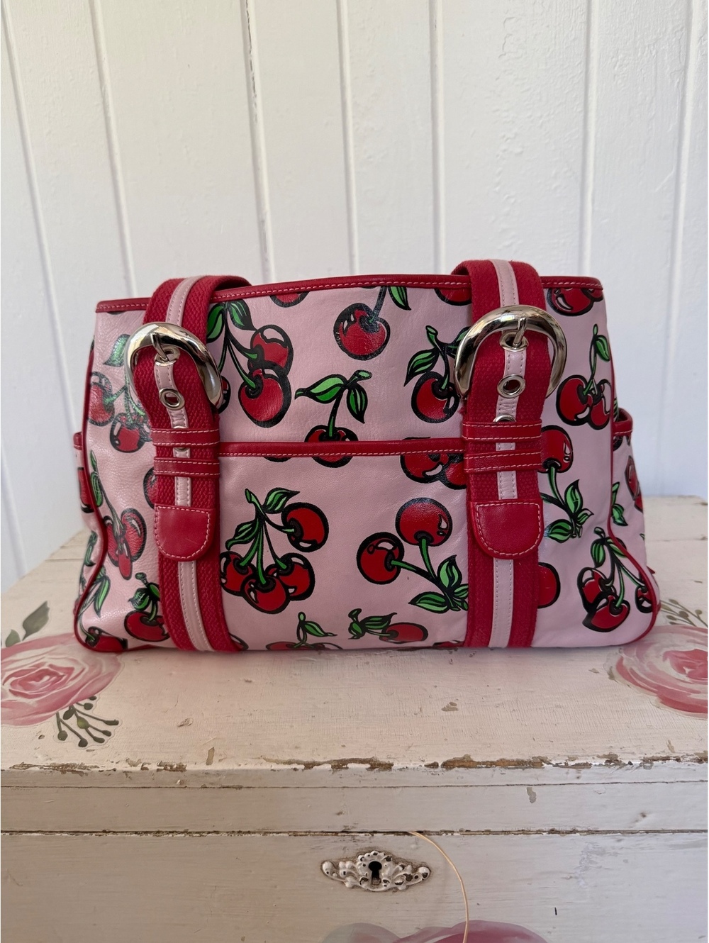 Isabella Fiore Cherry Print Leather Handbag with Red Straps and Checkered Lining